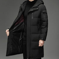 Hooded Long Puffer Coat Men's Zip-Up Padded Jacket – Casual, Cold Weather Outdoor