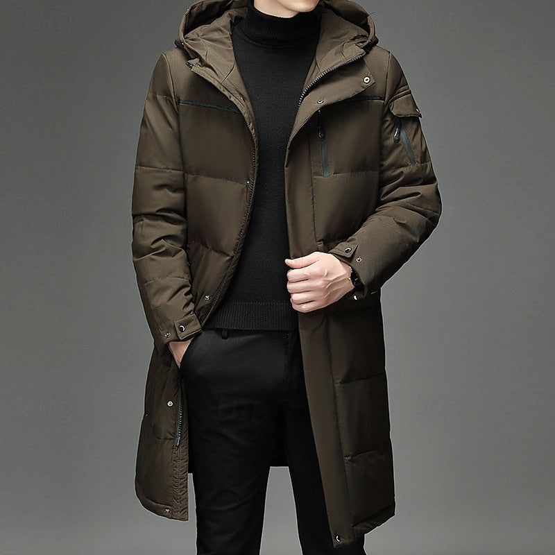 Hooded Long Puffer Coat Men's Zip-Up Padded Jacket – Casual, Cold Weather Outdoor