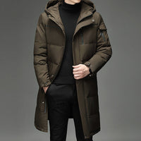 Hooded Long Puffer Coat Men's Zip-Up Padded Jacket – Casual, Cold Weather Outdoor