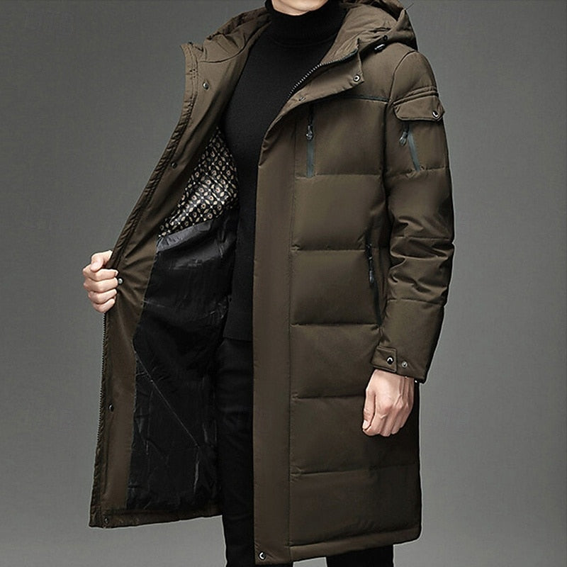Hooded Long Puffer Coat Men's Zip-Up Padded Jacket – Casual, Cold Weather Outdoor