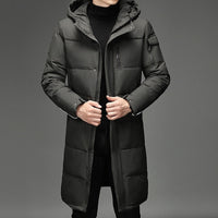 Hooded Long Puffer Coat Men's Zip-Up Padded Jacket – Casual, Cold Weather Outdoor