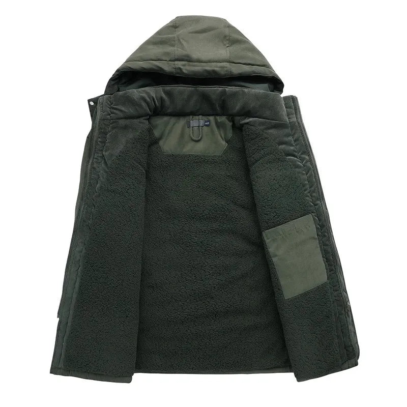Hooded Parka Jacket Men's Fleece-Lined Army Green – Winter, Outdoor