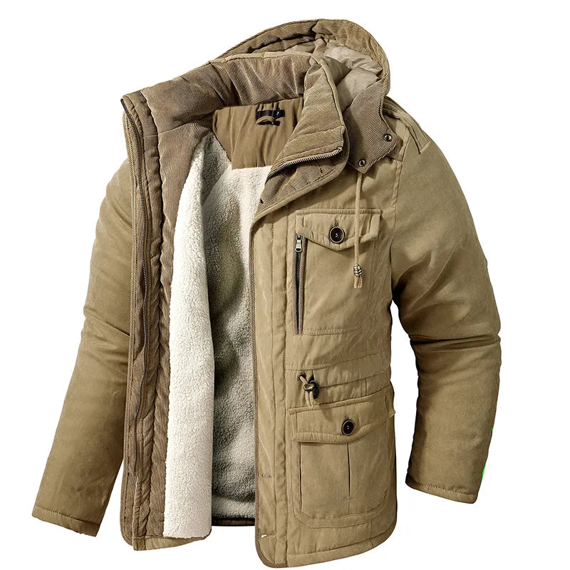 Hooded Parka Jacket Men's Fleece-Lined Army Green – Winter, Outdoor