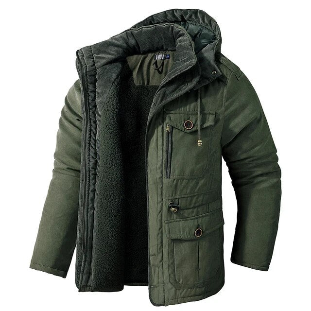 Hooded Parka Jacket Men's Fleece-Lined Army Green – Winter, Outdoor