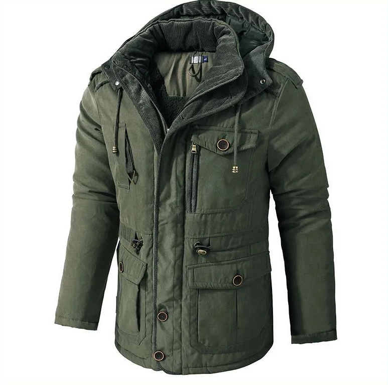 Hooded Parka Jacket Men's Fleece-Lined Army Green – Winter, Outdoor
