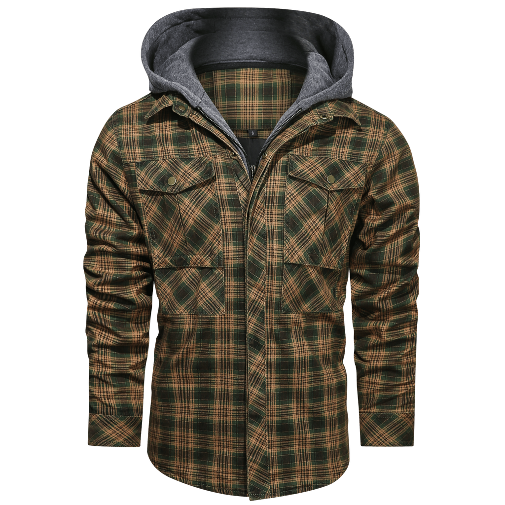 Hooded Plaid Jacket Men's Red Brown Flannel – Casual, Outdoor