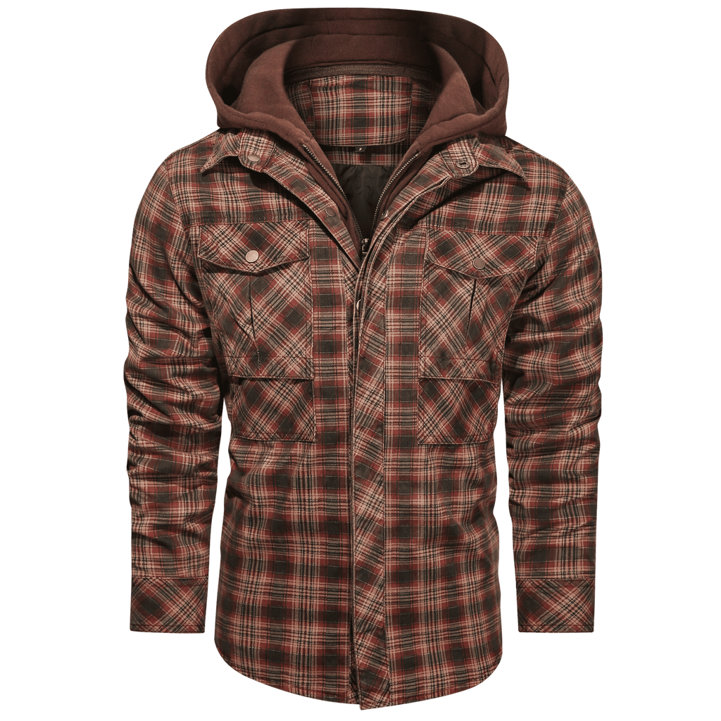 Hooded Plaid Jacket Men's Red Brown Flannel – Casual, Outdoor
