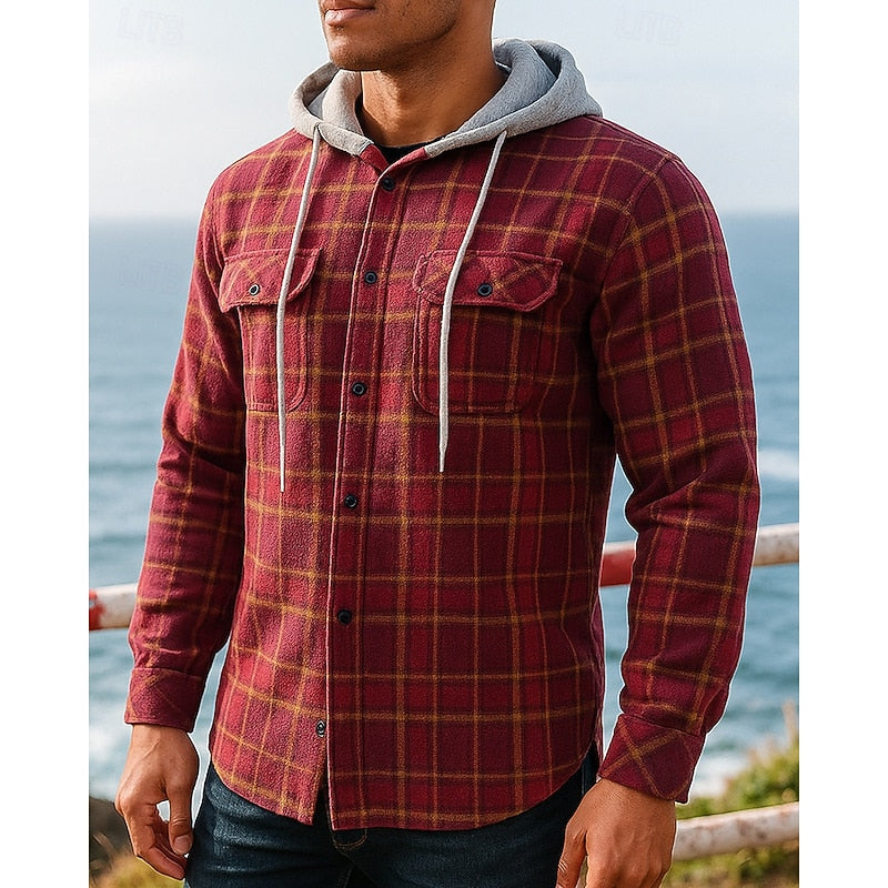 Hooded Plaid Shirt Jacket Men's Black Flannel – Casual, Office