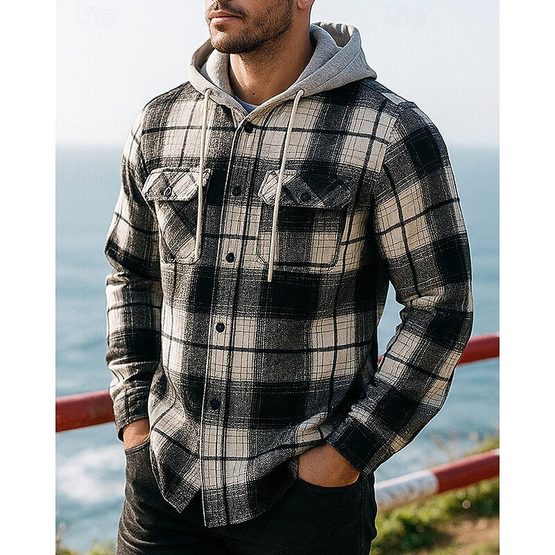 Hooded Plaid Shirt Jacket Men's Black Flannel – Casual, Office