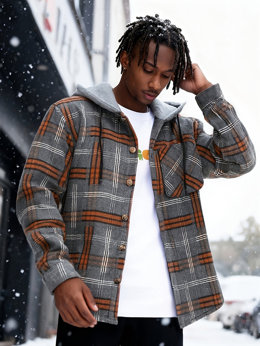 Hooded Plaid Shirt Jacket Men's Gray Orange – Casual Layering, Fall Gift