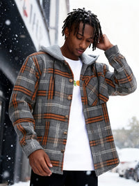 Hooded Plaid Shirt Jacket Men's Gray Orange – Casual Layering, Fall Gift