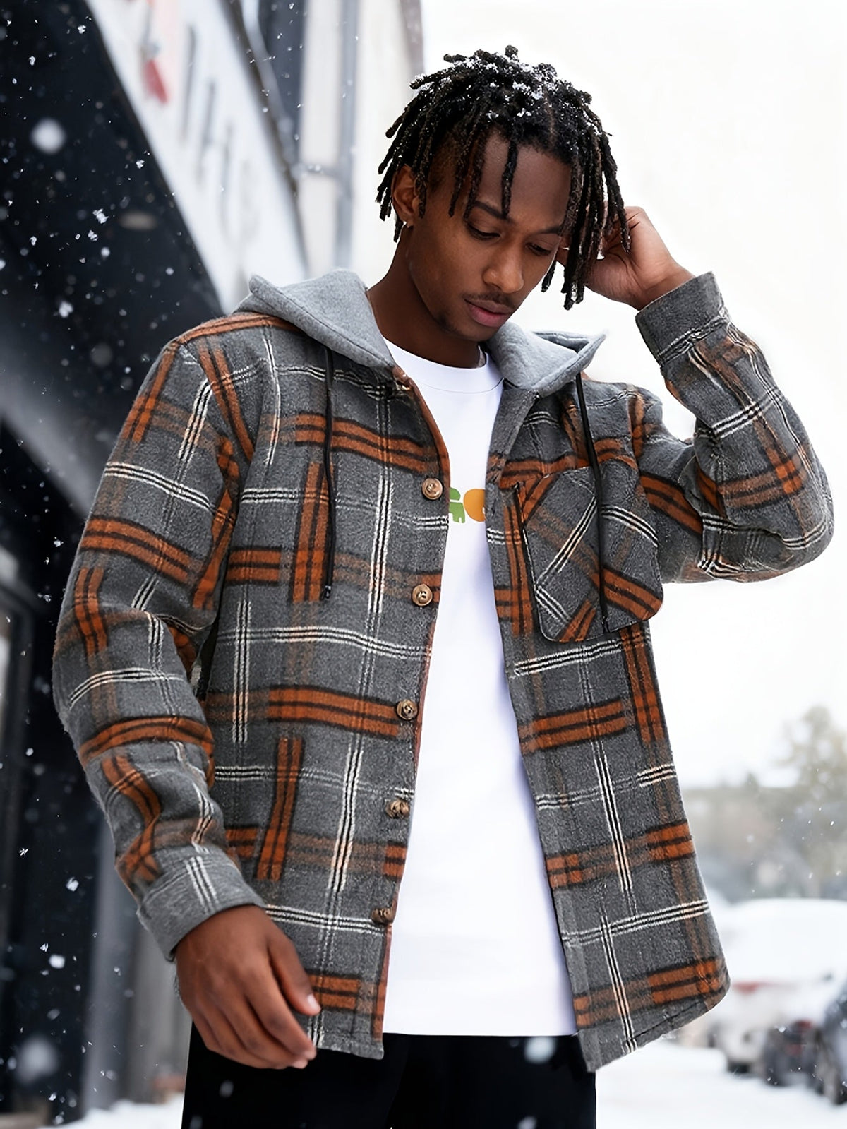 Hooded Plaid Shirt Jacket Men's Gray Orange – Casual Layering, Fall Gift