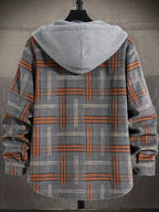 Hooded Plaid Shirt Jacket Men's Gray Orange – Casual Layering, Fall Gift