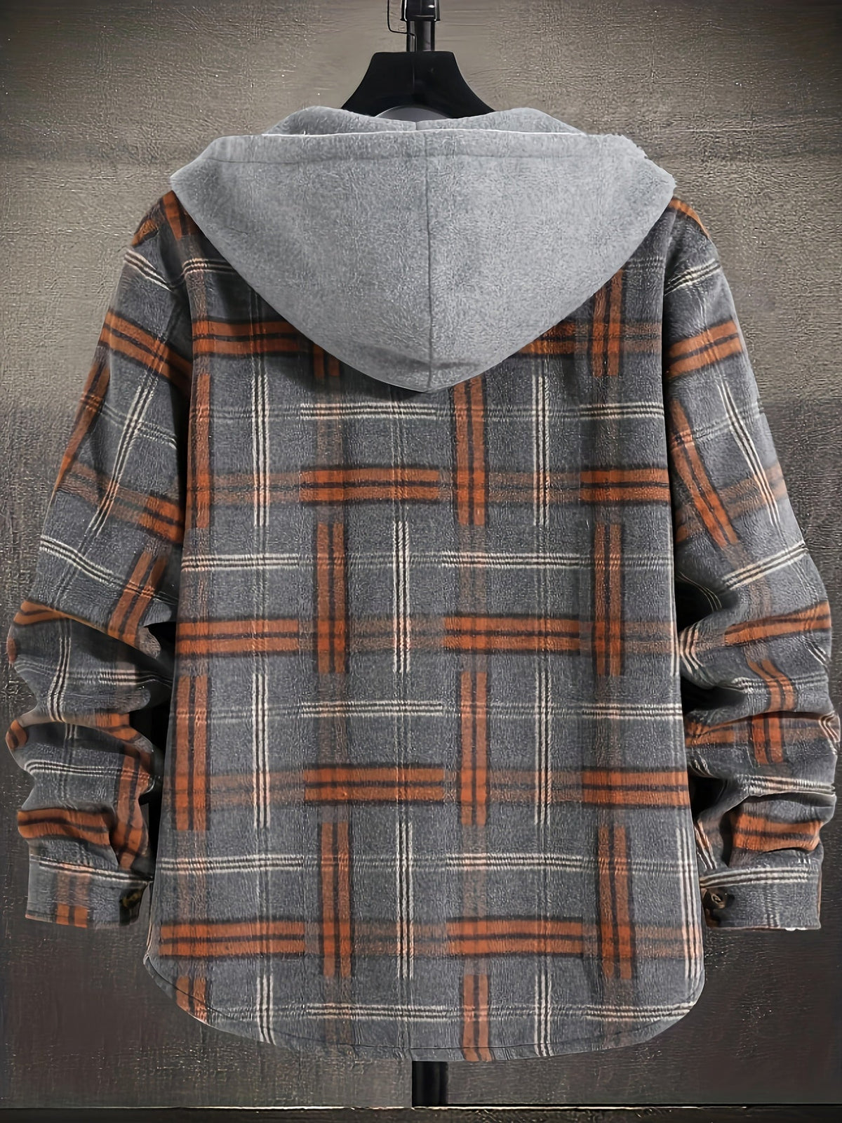 Hooded Plaid Shirt Jacket Men's Gray Orange – Casual Layering, Fall Gift