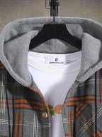 Hooded Plaid Shirt Jacket Men's Gray Orange – Casual Layering, Fall Gift