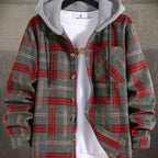 Hooded Plaid Shirt Jacket Men's Gray Orange – Casual Layering, Fall Gift
