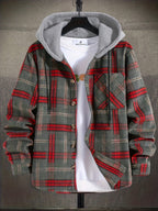 Hooded Plaid Shirt Jacket Men's Gray Orange – Casual Layering, Fall Gift