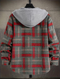 Hooded Plaid Shirt Jacket Men's Gray Orange – Casual Layering, Fall Gift