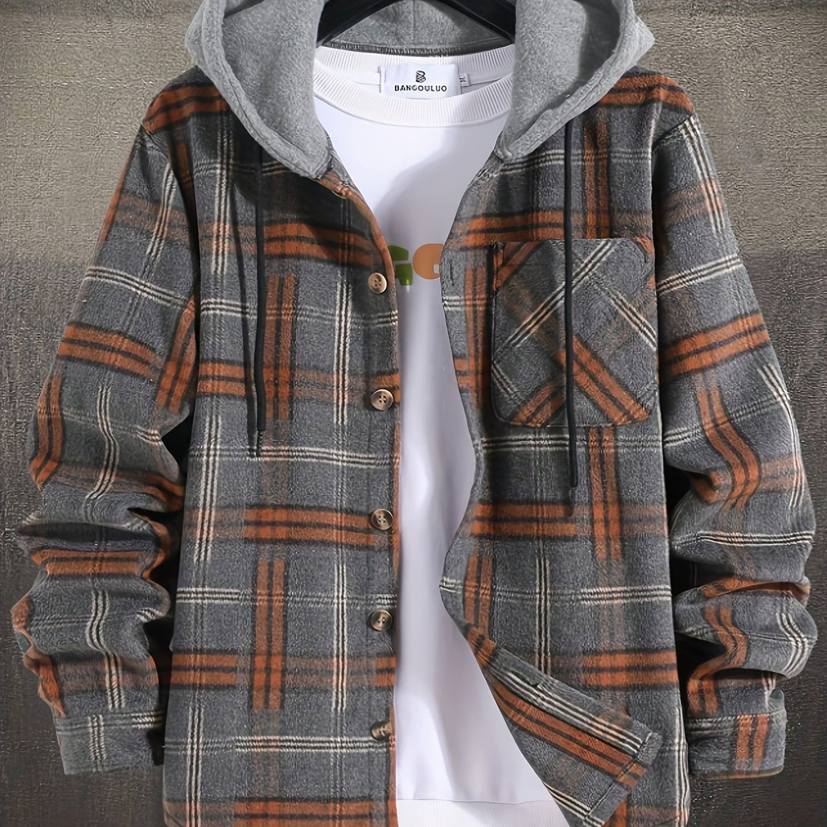 Hooded Plaid Shirt Jacket Men's Gray Orange – Casual Layering, Fall Gift