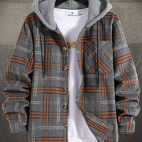 Hooded Plaid Shirt Jacket Men's Gray Orange – Casual Layering, Fall Gift