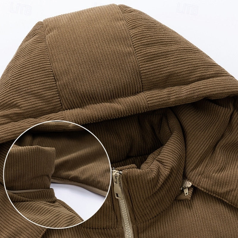 Hooded Puffer Jacket Men's Corduroy Collar Zip-Up – Casual, Holiday Gift