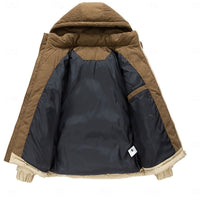 Hooded Puffer Jacket Men's Corduroy Collar Zip-Up – Casual, Holiday Gift