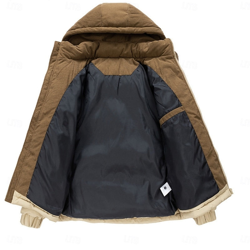 Hooded Puffer Jacket Men's Corduroy Collar Zip-Up – Casual, Holiday Gift