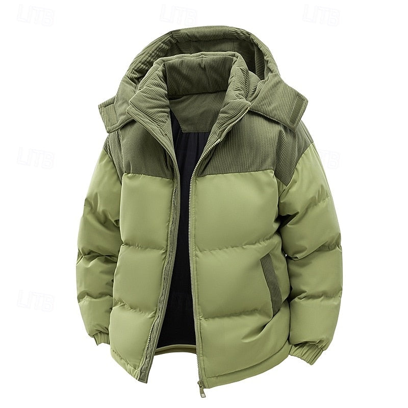 Hooded Puffer Jacket Men's Corduroy Collar Zip-Up – Casual, Holiday Gift