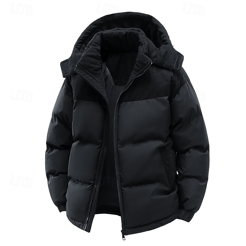 Hooded Puffer Jacket Men's Corduroy Collar Zip-Up – Casual, Holiday Gift