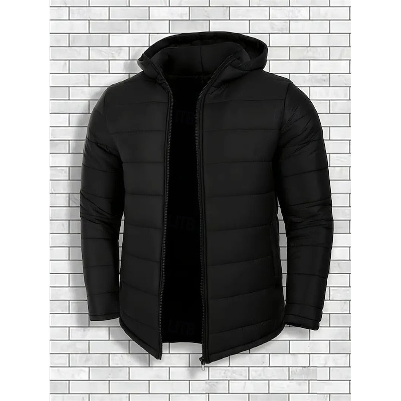 Hooded Puffer Jacket Men's Black Quilted Zip-Up Coat – Casual, Winter Outerwear