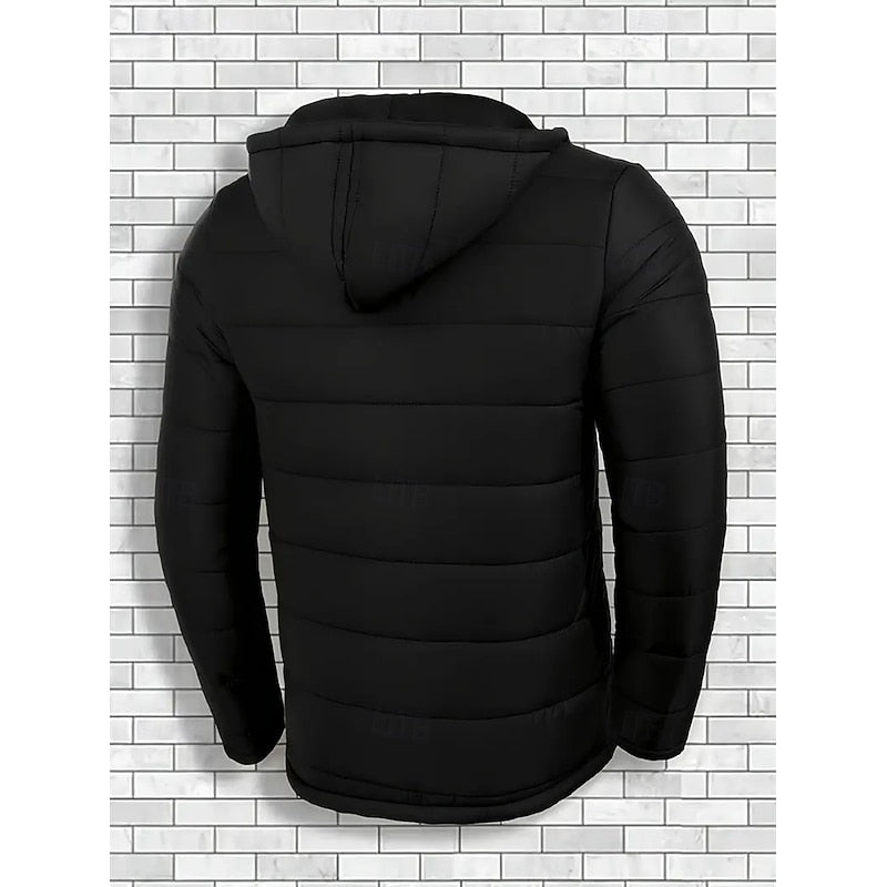 Hooded Puffer Jacket Men's Black Quilted Zip-Up Coat – Casual, Winter Outerwear