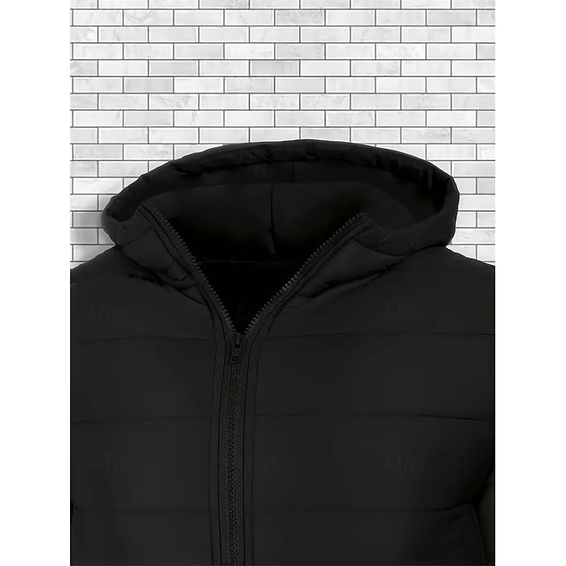 Hooded Puffer Jacket Men's Black Quilted Zip-Up Coat – Casual, Winter Outerwear