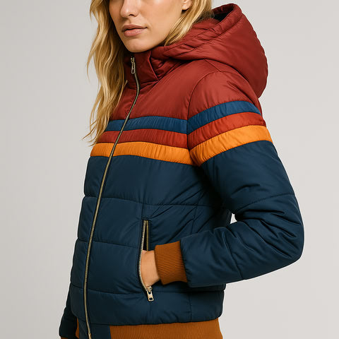 Hooded Puffer Jacket Women's Navy Retro Striped – Casual, Winter Wear
