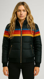 Hooded Puffer Jacket Women's Navy Retro Striped – Casual, Winter Wear