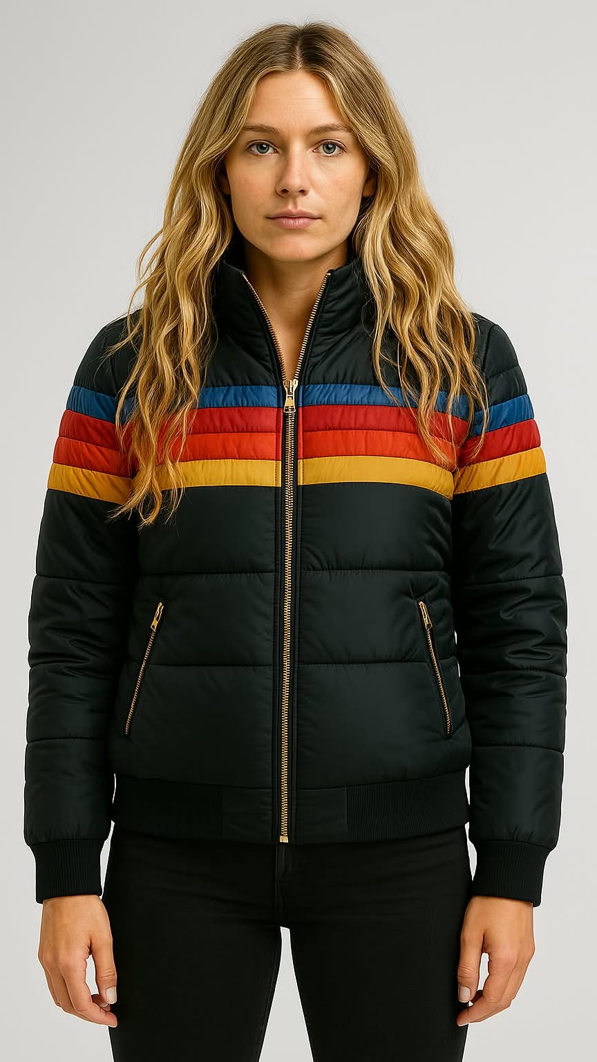 Hooded Puffer Jacket Women's Navy Retro Striped – Casual, Winter Wear