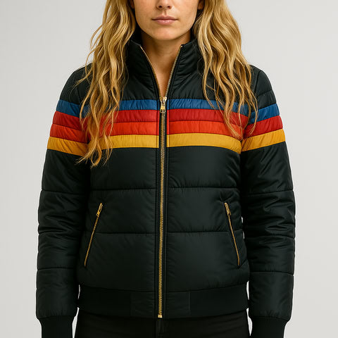 Hooded Puffer Jacket Women's Navy Retro Striped – Casual, Winter Wear
