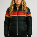 Hooded Puffer Jacket Women's Navy Retro Striped – Casual, Winter Wear
