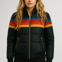 Hooded Puffer Jacket Women's Navy Retro Striped – Casual, Winter Wear