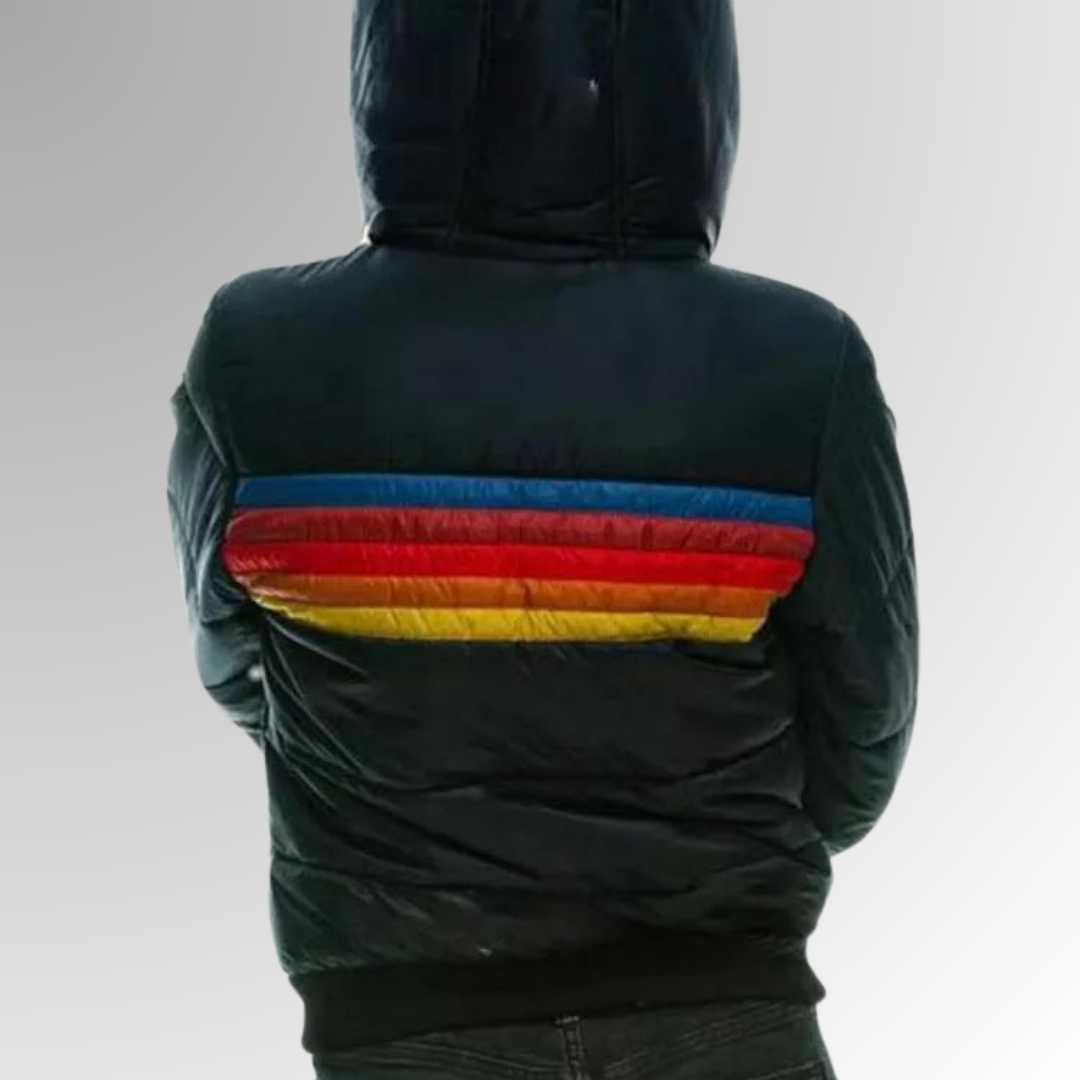 Hooded Puffer Jacket Women's Navy Retro Striped – Casual, Winter Wear