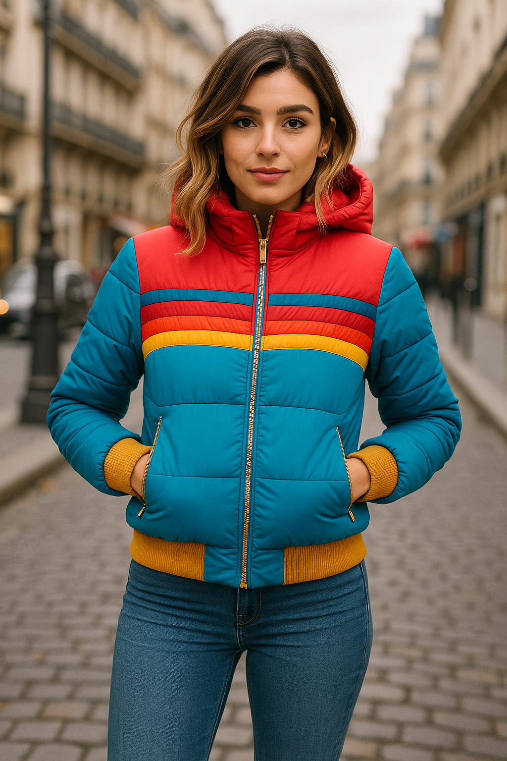 Hooded Puffer Jacket Women's Navy Retro Striped – Casual, Winter Wear