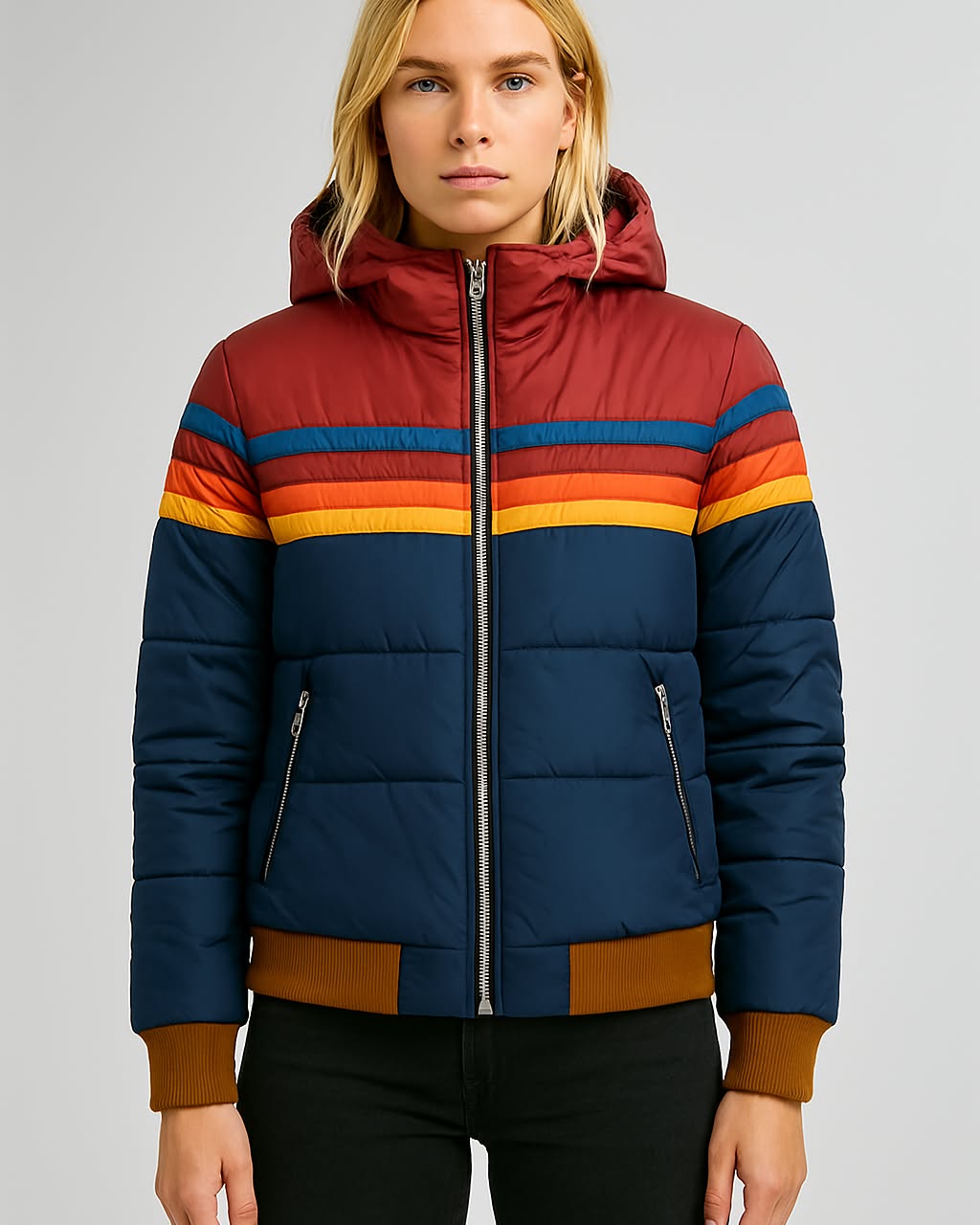 Hooded Puffer Jacket Women's Navy Retro Striped – Casual, Winter Wear