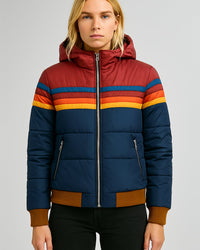 Hooded Puffer Jacket Women's Navy Retro Striped – Casual, Winter Wear
