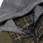 Hooded Quilted Gilet Men's Plaid Padded Vest with Corduroy Shoulders – Casual Winter Layering, Outdoor Wear
