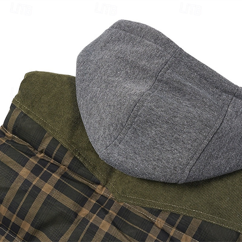 Hooded Quilted Gilet Men's Plaid Padded Vest with Corduroy Shoulders – Casual Winter Layering, Outdoor Wear