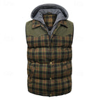 Hooded Quilted Gilet Men's Plaid Padded Vest with Corduroy Shoulders – Casual Winter Layering, Outdoor Wear