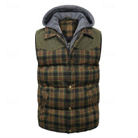Hooded Quilted Gilet Men's Plaid Padded Vest with Corduroy Shoulders – Casual Winter Layering, Outdoor Wear