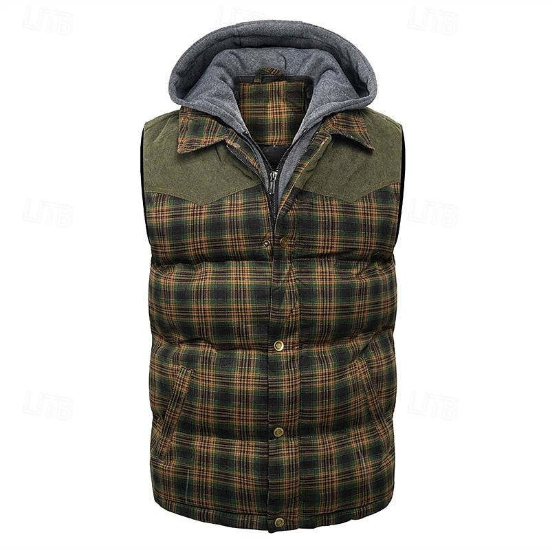 Hooded Quilted Gilet Men's Plaid Padded Vest with Corduroy Shoulders – Casual Winter Layering, Outdoor Wear