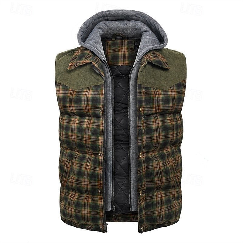 Hooded Quilted Gilet Men's Plaid Padded Vest with Corduroy Shoulders – Casual Winter Layering, Outdoor Wear