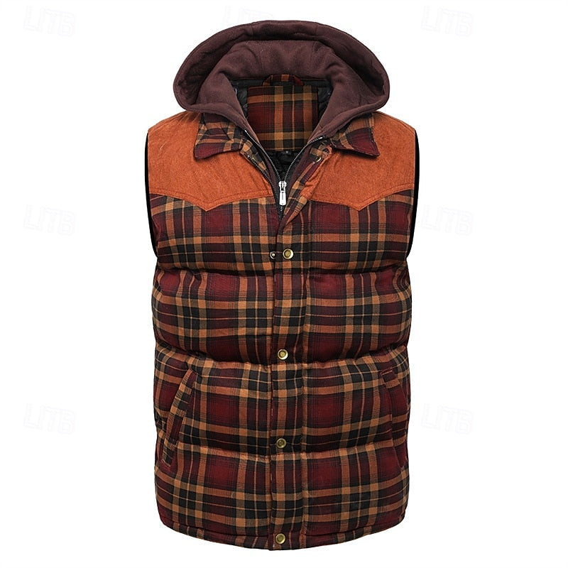 Hooded Quilted Gilet Men's Plaid Padded Vest with Corduroy Shoulders – Casual Winter Layering, Outdoor Wear