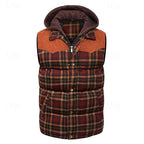 Hooded Quilted Gilet Men's Plaid Padded Vest with Corduroy Shoulders – Casual Winter Layering, Outdoor Wear